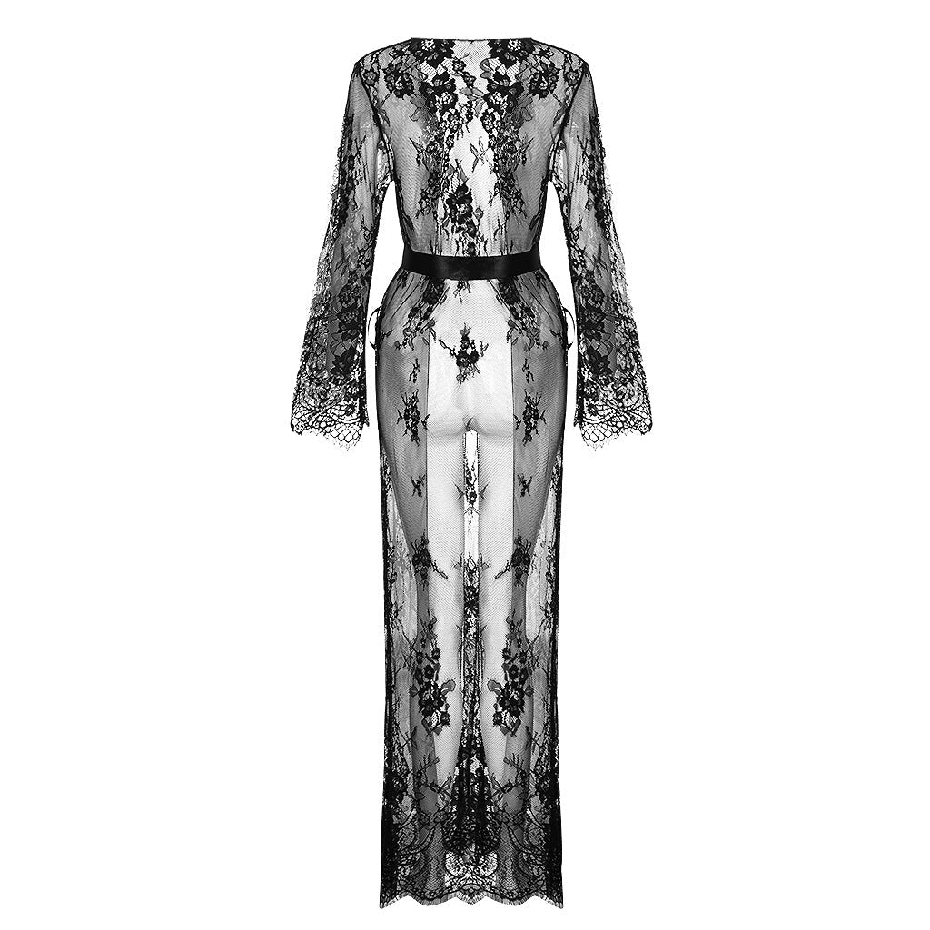 Long Sleeve Lace Robe with Satin Belt