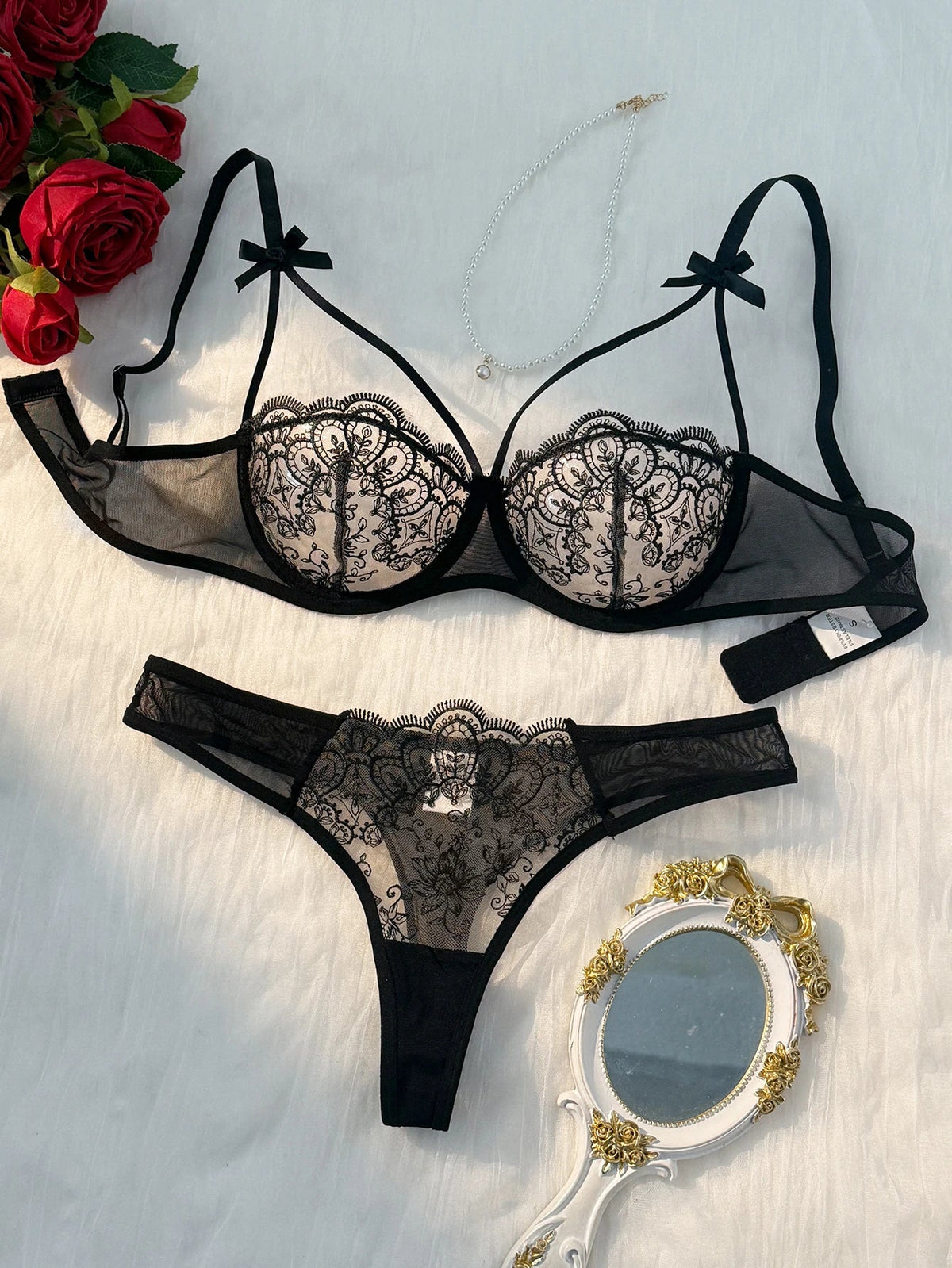 Black Floral Lace Bra Set with Bow