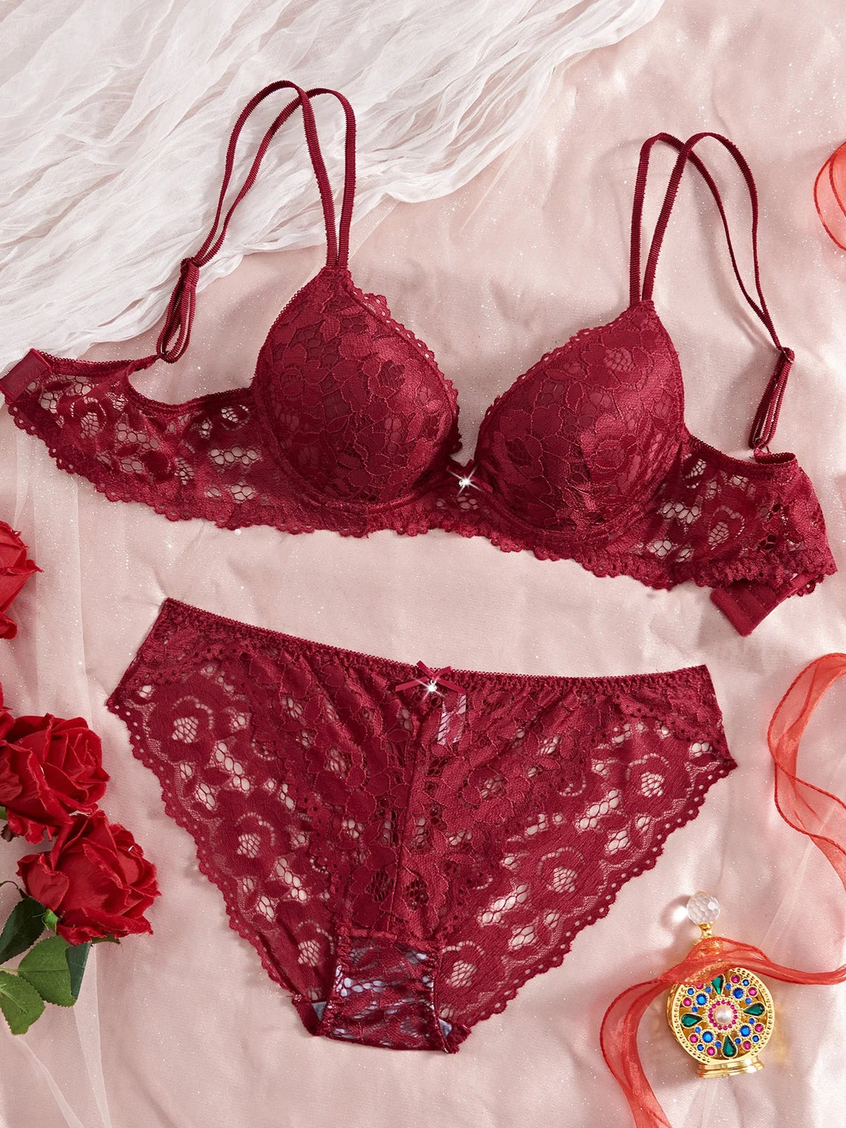 Lace Patchwork Push-Up Bra Set