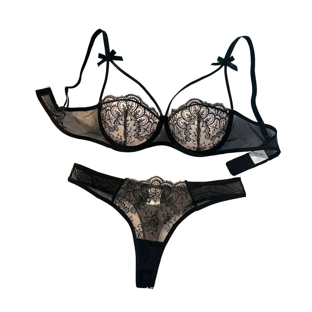 Black Floral Lace Bra Set with Bow