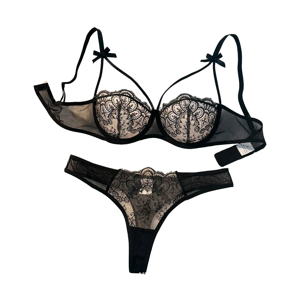 Black Floral Lace Bra Set with Bow