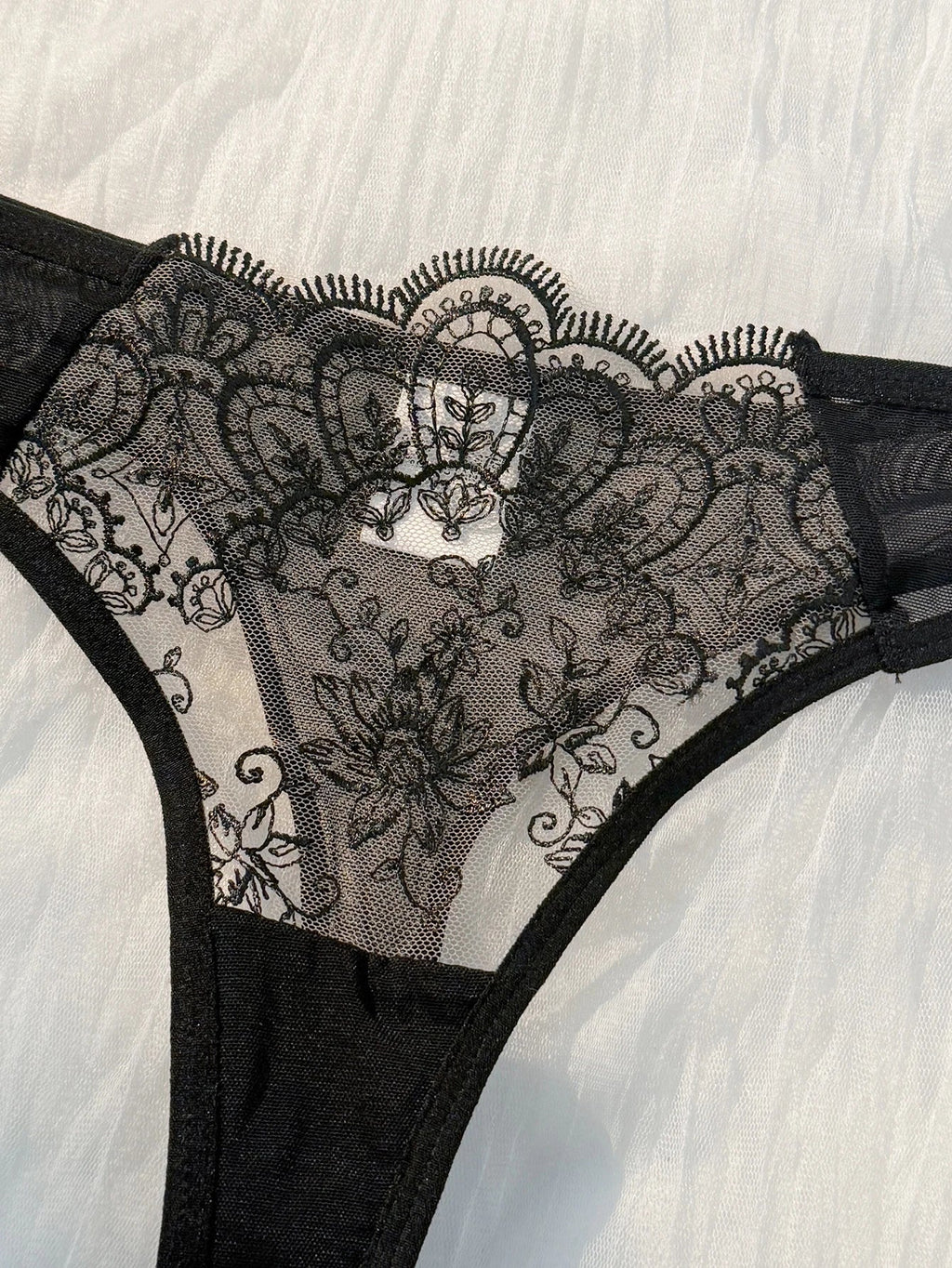Black Floral Lace Bra Set with Bow