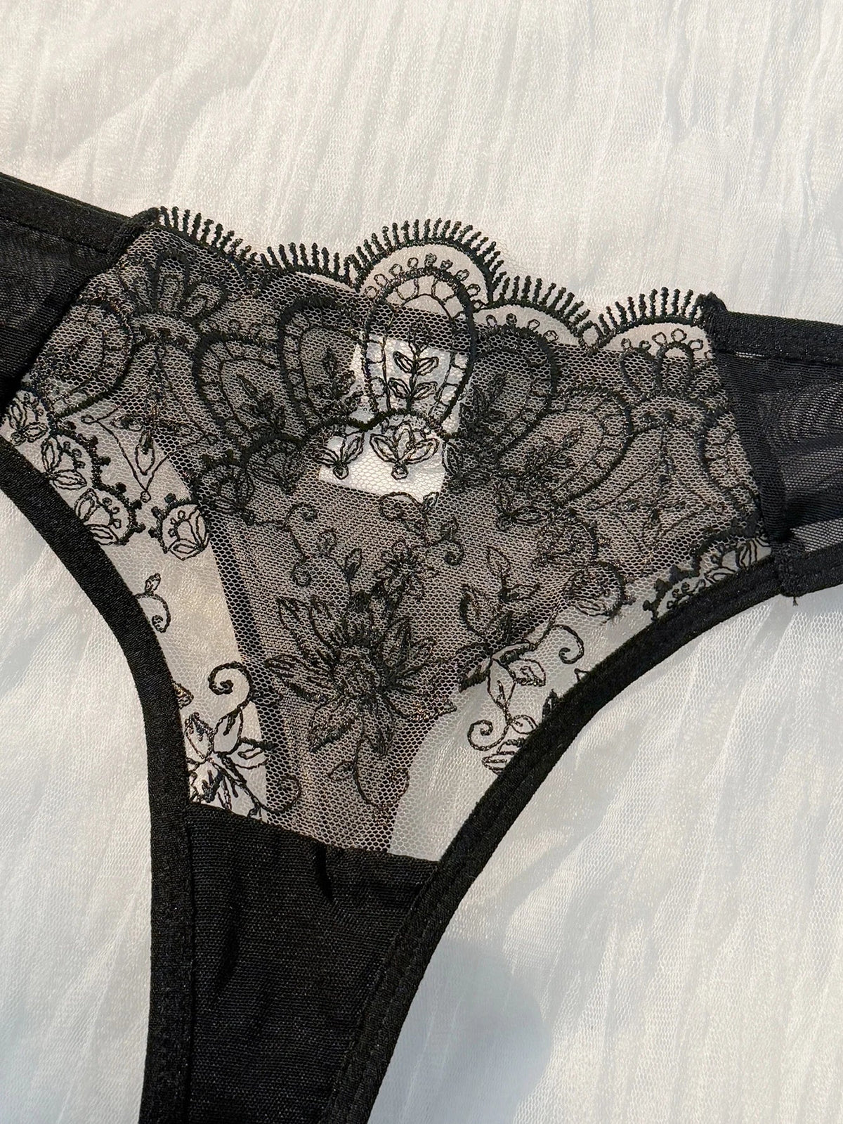 Black Floral Lace Bra Set with Bow