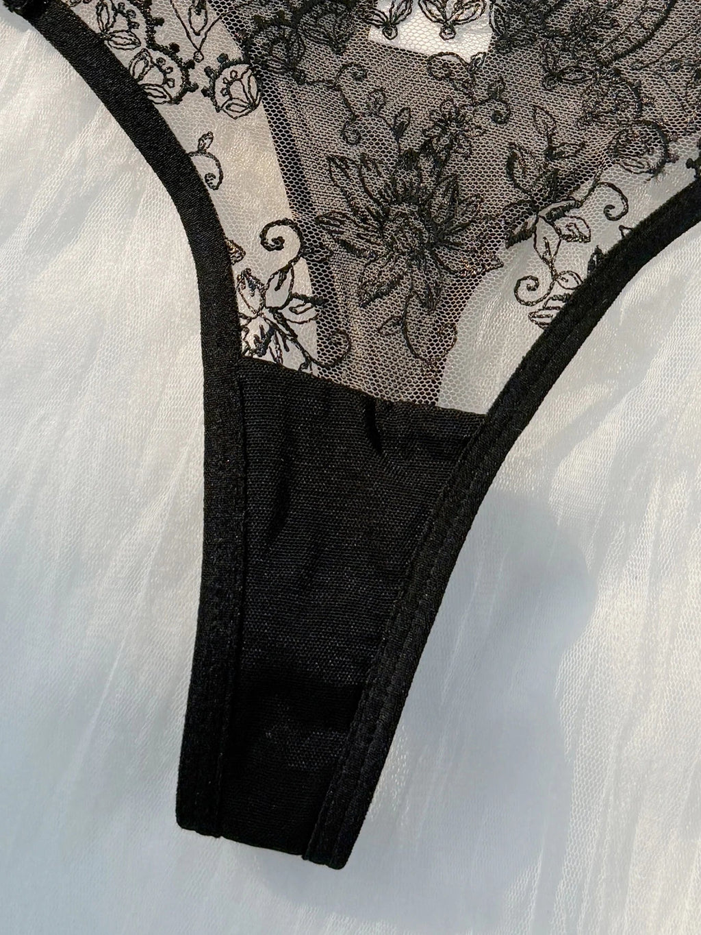 Black Floral Lace Bra Set with Bow