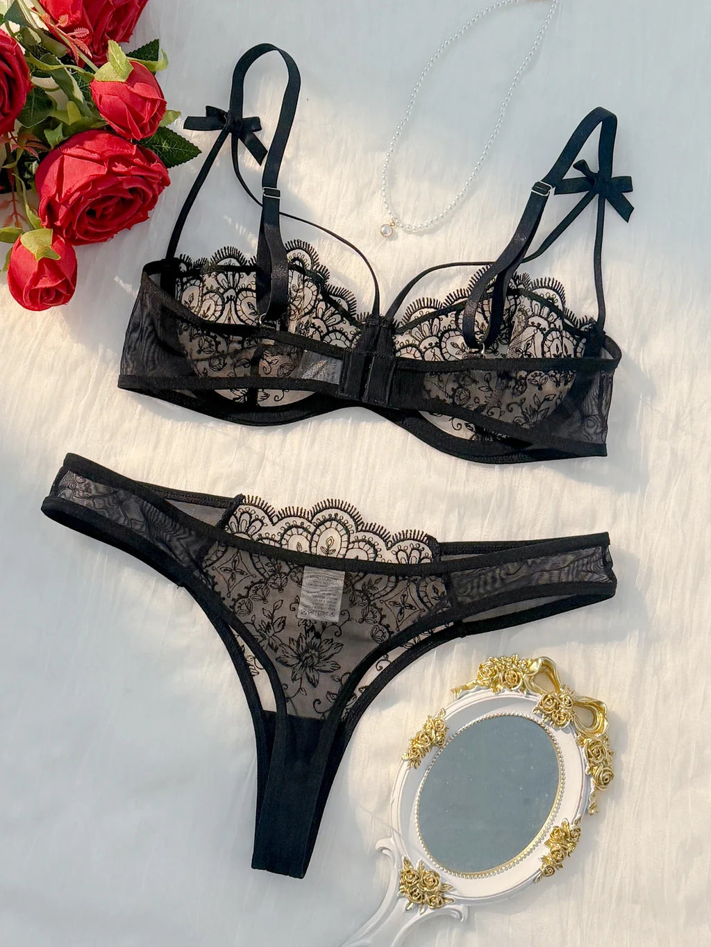 Black Floral Lace Bra Set with Bow